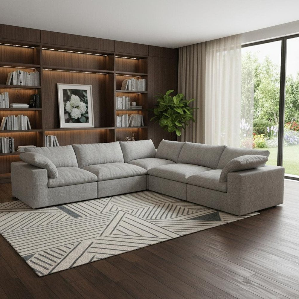 White Linen Blend Modular L Shaped Five Piece Corner Sectional