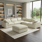 White Linen Blend Modular L Shaped Six Piece Corner Sectional With Ottoman