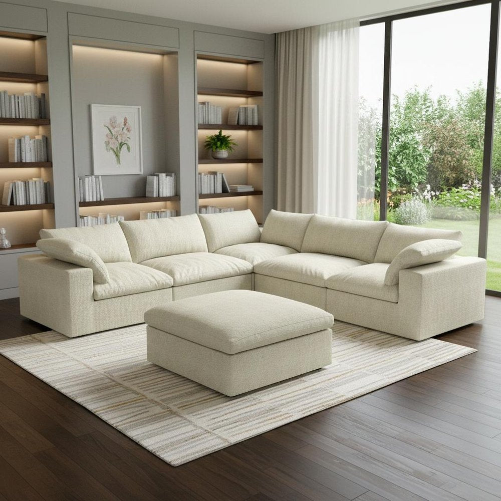 White Linen Blend Modular L Shaped Six Piece Corner Sectional With Ottoman