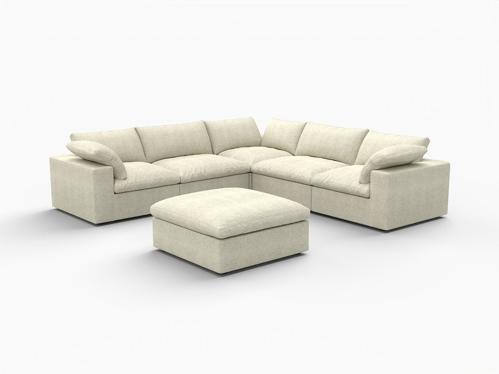 White Linen Blend Modular L Shaped Six Piece Corner Sectional With Ottoman