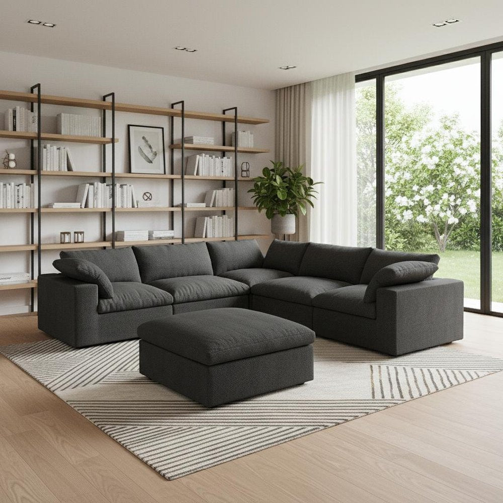 White Linen Blend Modular L Shaped Six Piece Corner Sectional With Ottoman