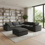 White Linen Blend Modular L Shaped Six Piece Corner Sectional With Ottoman