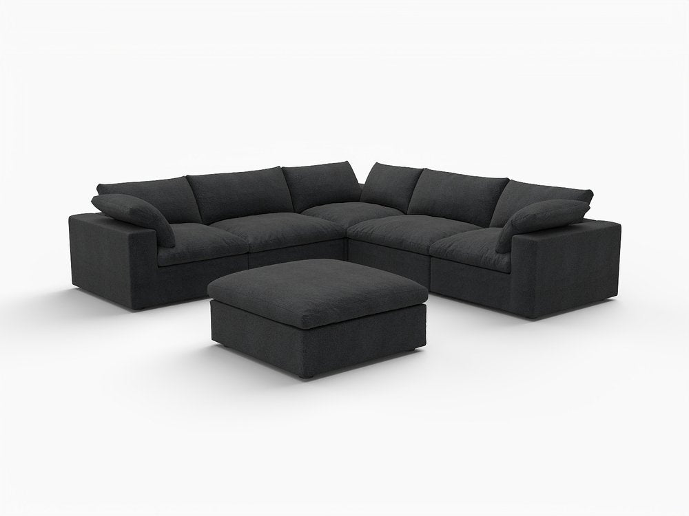 White Linen Blend Modular L Shaped Six Piece Corner Sectional With Ottoman