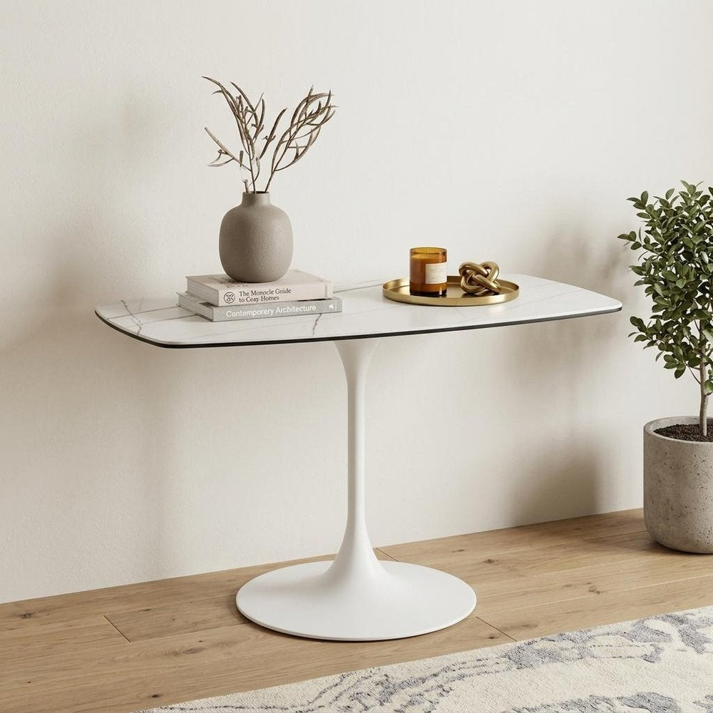 47" White Ceramic Faux Marble Glass And Steel Pedestal Console Table