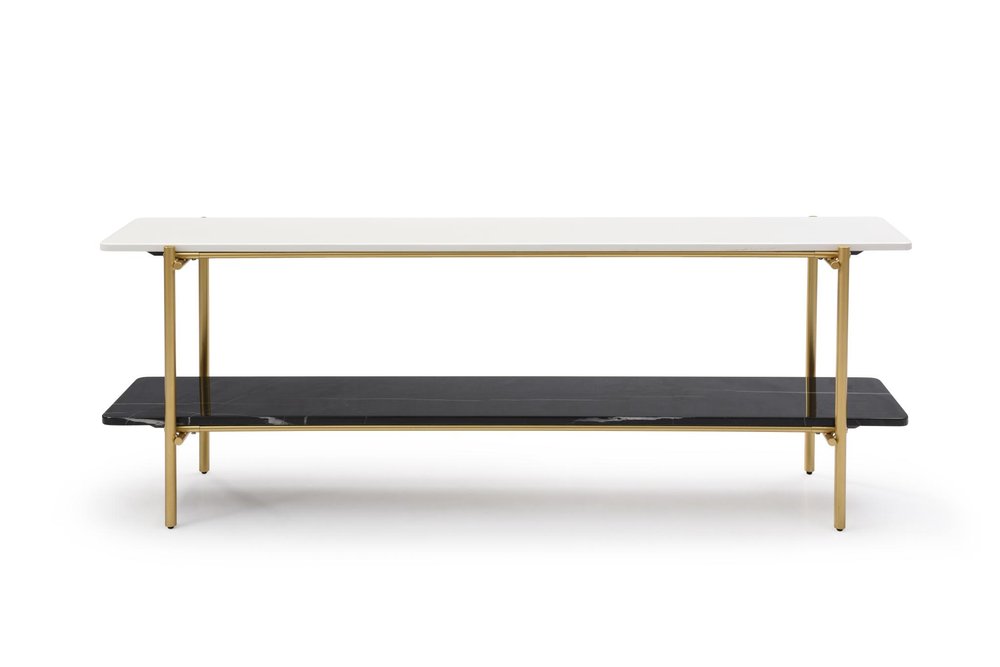 72" Black White And Gold Genuine Marble and Metal Console Table With Shelf