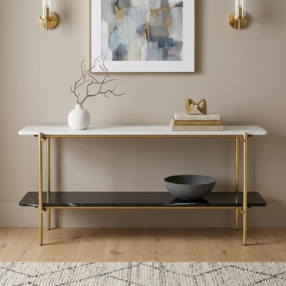 72" Black White And Gold Genuine Marble and Metal Console Table With Shelf