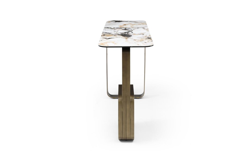 55" Black White and Bronze Ceramic Tile Glass and Steel Console Table
