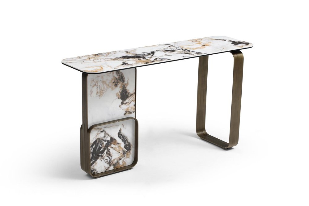 55" Black White and Bronze Ceramic Tile Glass and Steel Console Table