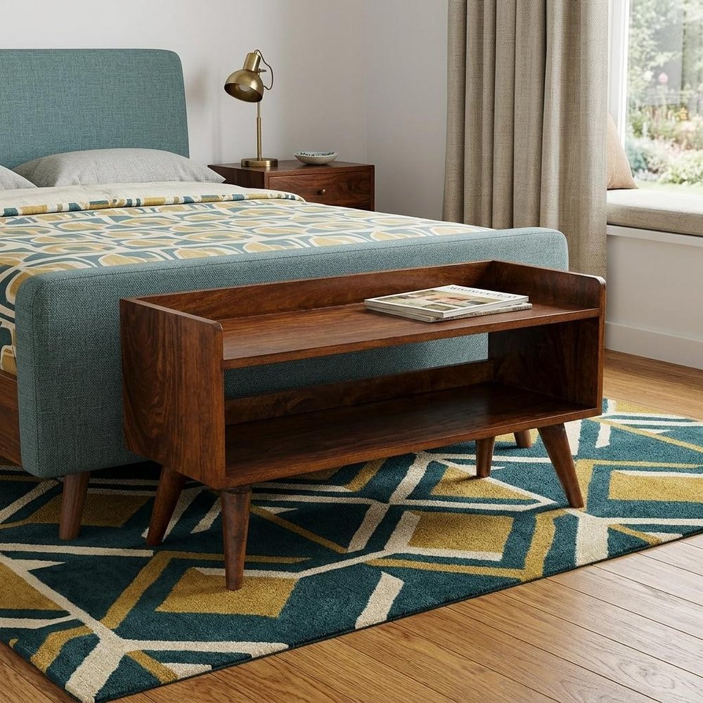 35" Chestnut Solid Wood Storage Bench With Shoe Storage