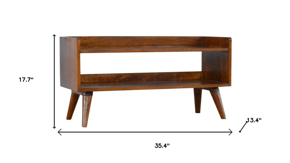 35" Chestnut Solid Wood Storage Bench With Shoe Storage