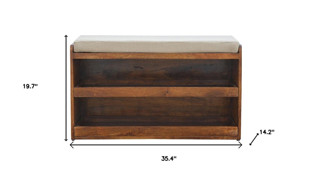 35" Brown Linen and Solid Wood Upholstered Storage Bench With Shoe Storage