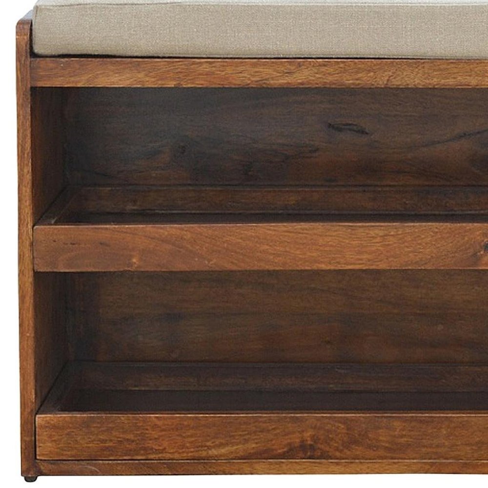 35" Brown Linen and Solid Wood Upholstered Storage Bench With Shoe Storage