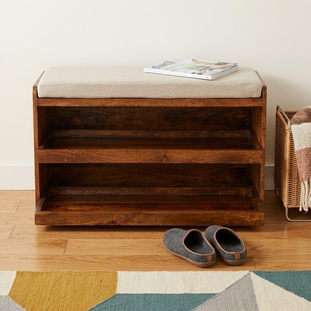 35" Brown Linen and Solid Wood Upholstered Storage Bench With Shoe Storage