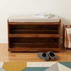 35" Brown Linen and Solid Wood Upholstered Storage Bench With Shoe Storage
