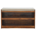 35" Brown Linen and Solid Wood Upholstered Storage Bench With Shoe Storage