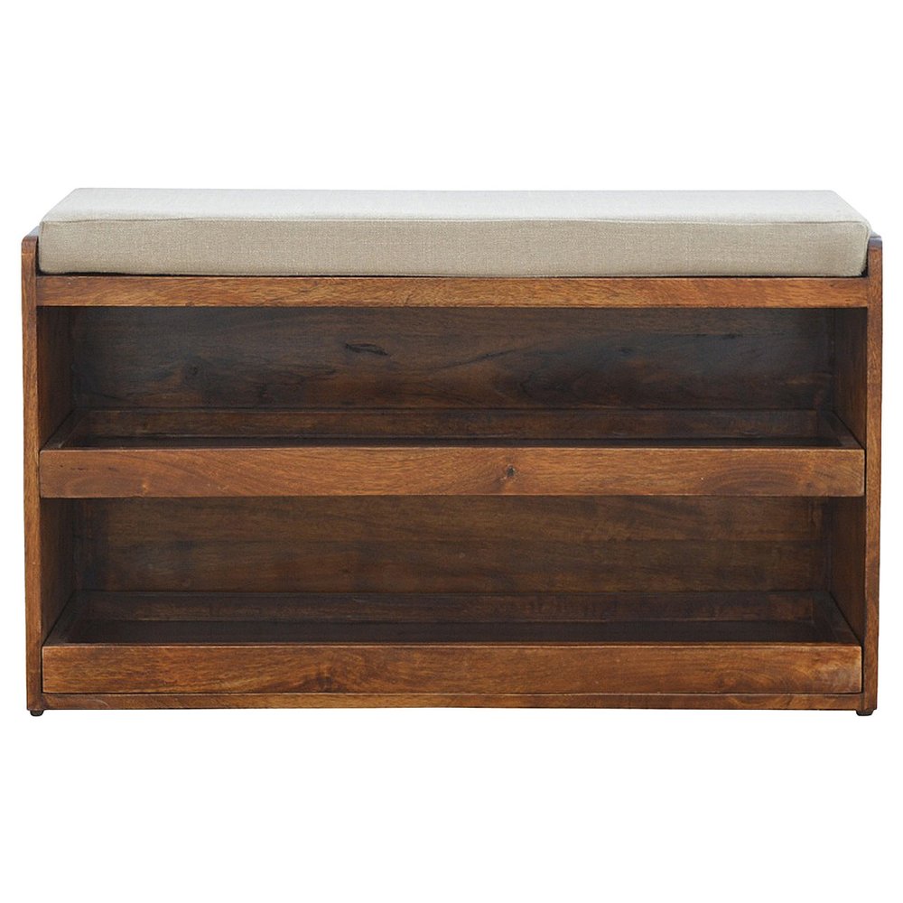 35" Brown Linen and Solid Wood Upholstered Storage Bench With Shoe Storage