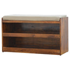 35" Brown Linen and Solid Wood Upholstered Storage Bench With Shoe Storage