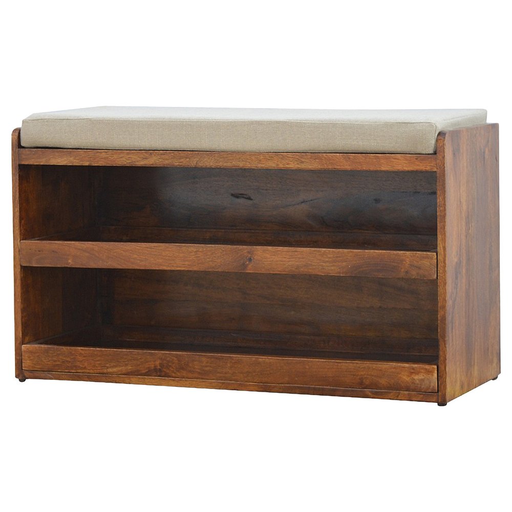35" Brown Linen and Solid Wood Upholstered Storage Bench With Shoe Storage