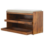 35" Brown Linen and Solid Wood Upholstered Storage Bench With Shoe Storage