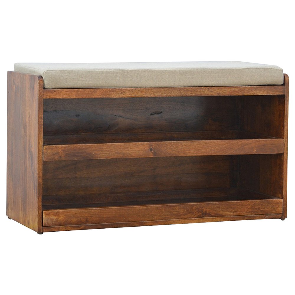 35" Brown Linen and Solid Wood Upholstered Storage Bench With Shoe Storage