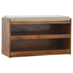 35" Brown Linen and Solid Wood Upholstered Storage Bench With Shoe Storage