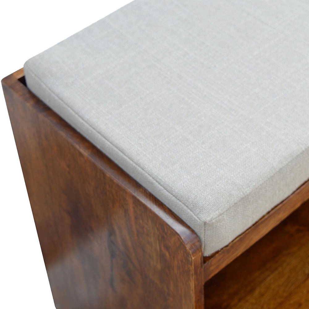 35" Brown Linen and Solid Wood Upholstered Storage Bench With Shoe Storage
