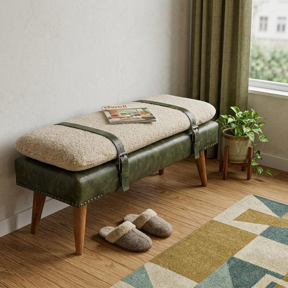 35" Beige Olive Green And Brown Boucle Genuine Leather And Solid Wood Upholstered Bench
