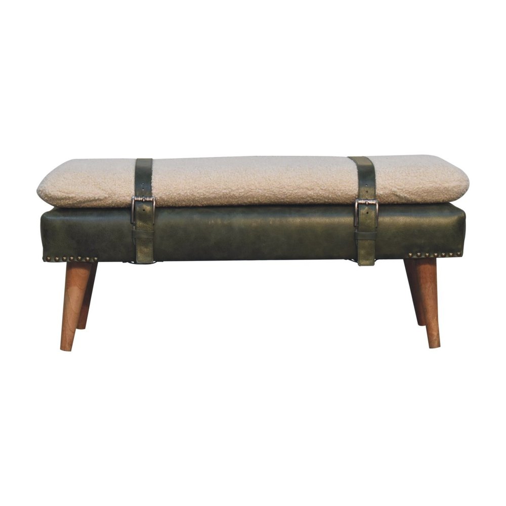 35" Beige Olive Green And Brown Boucle Genuine Leather And Solid Wood Upholstered Bench