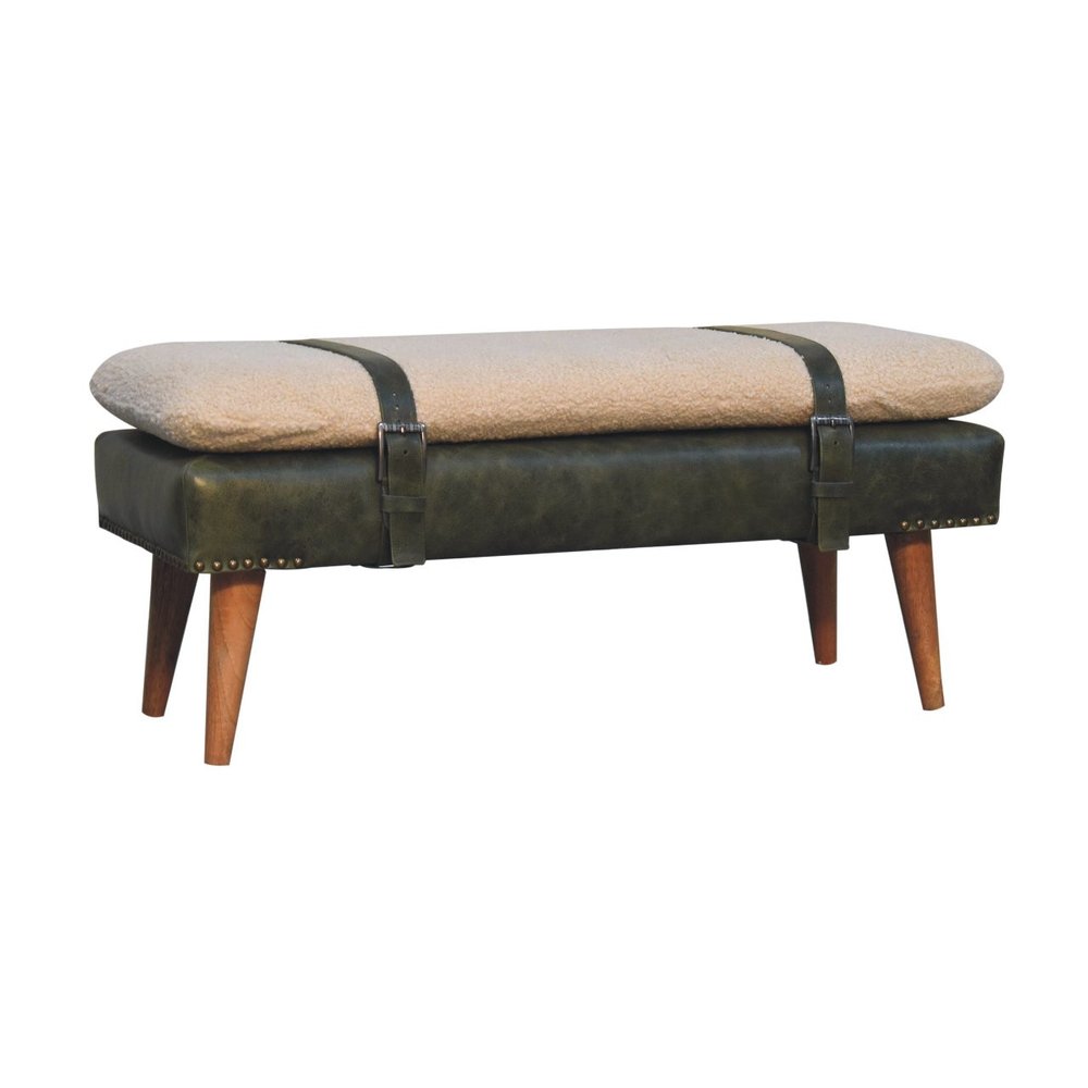 35" Beige Olive Green And Brown Boucle Genuine Leather And Solid Wood Upholstered Bench