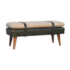 35" Beige Olive Green And Brown Boucle Genuine Leather And Solid Wood Upholstered Bench