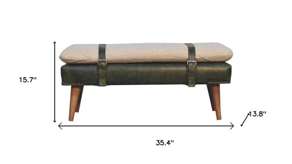 35" Beige Olive Green And Brown Boucle Genuine Leather And Solid Wood Upholstered Bench
