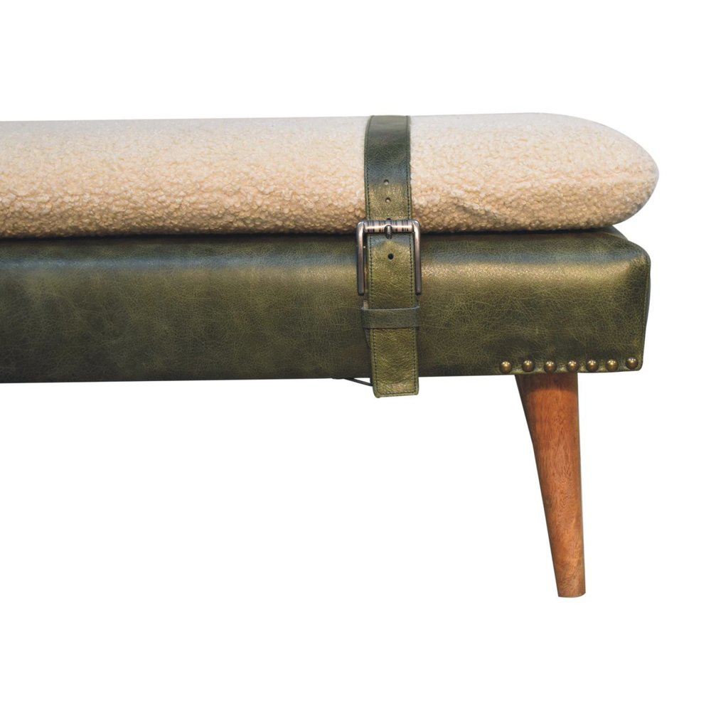35" Beige Olive Green And Brown Boucle Genuine Leather And Solid Wood Upholstered Bench