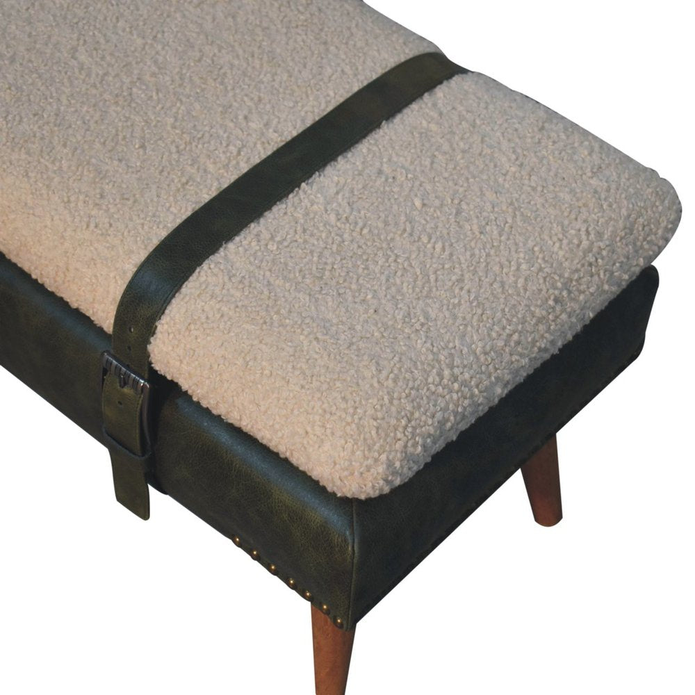 35" Beige Olive Green And Brown Boucle Genuine Leather And Solid Wood Upholstered Bench