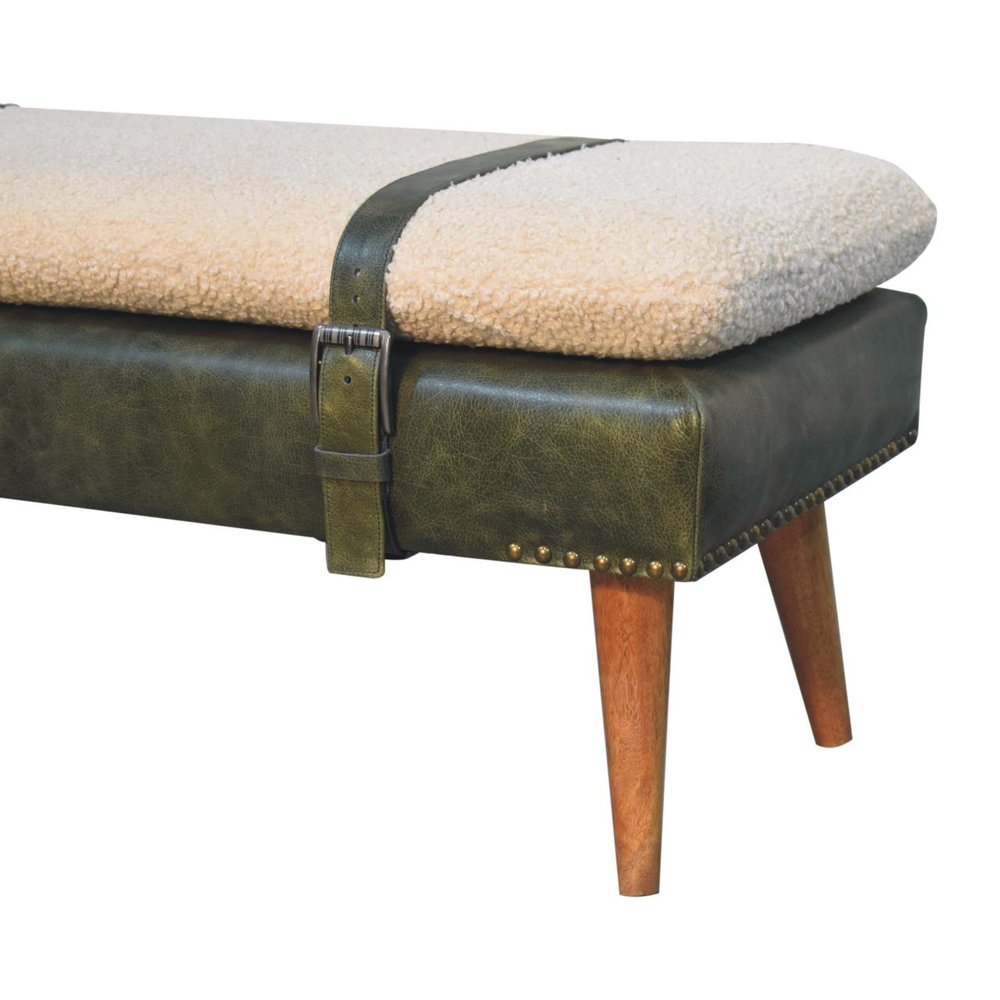 35" Beige Olive Green And Brown Boucle Genuine Leather And Solid Wood Upholstered Bench