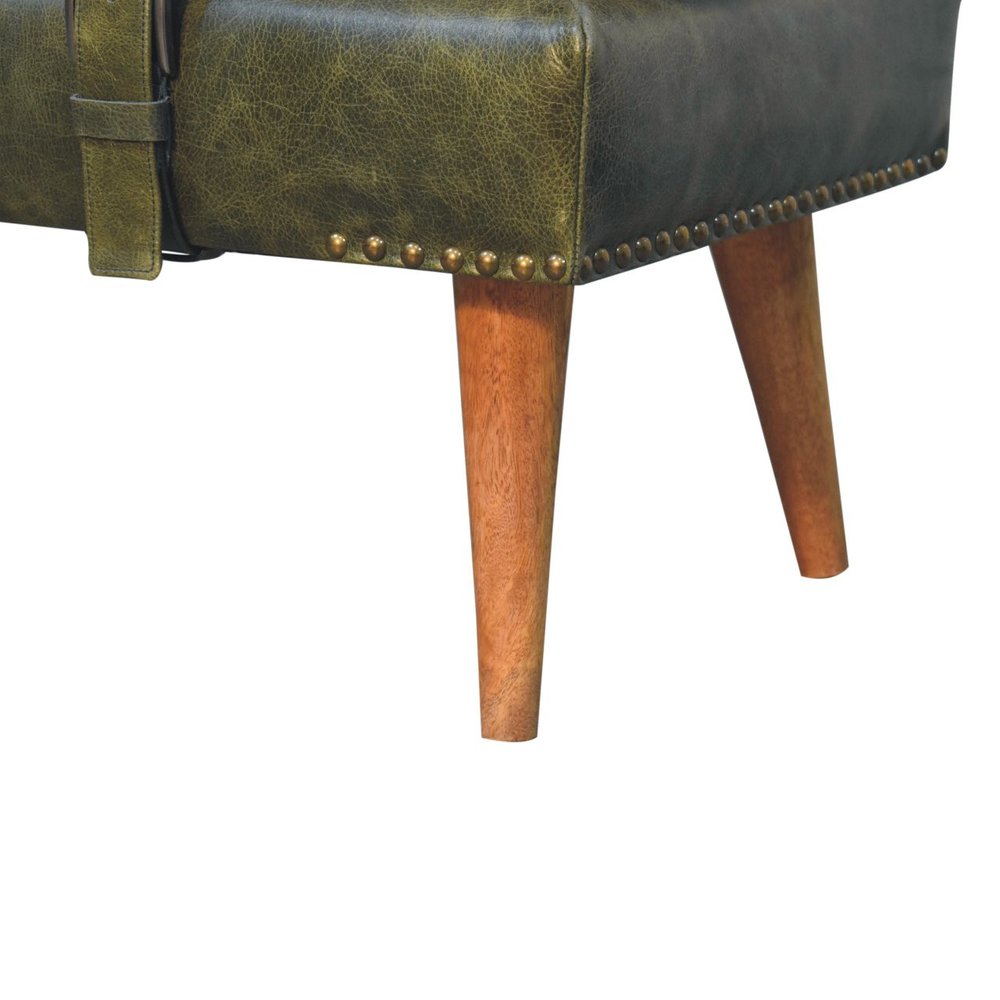35" Beige Olive Green And Brown Boucle Genuine Leather And Solid Wood Upholstered Bench