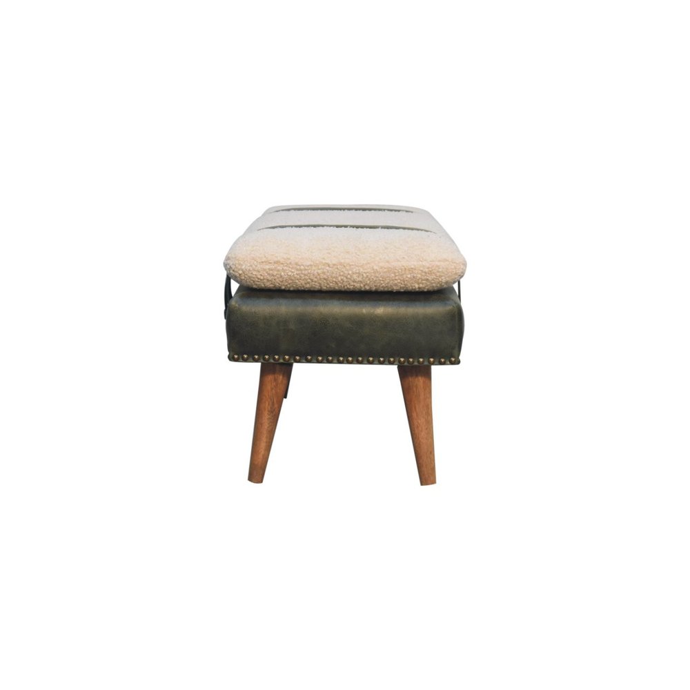 35" Beige Olive Green And Brown Boucle Genuine Leather And Solid Wood Upholstered Bench