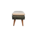 35" Beige Olive Green And Brown Boucle Genuine Leather And Solid Wood Upholstered Bench