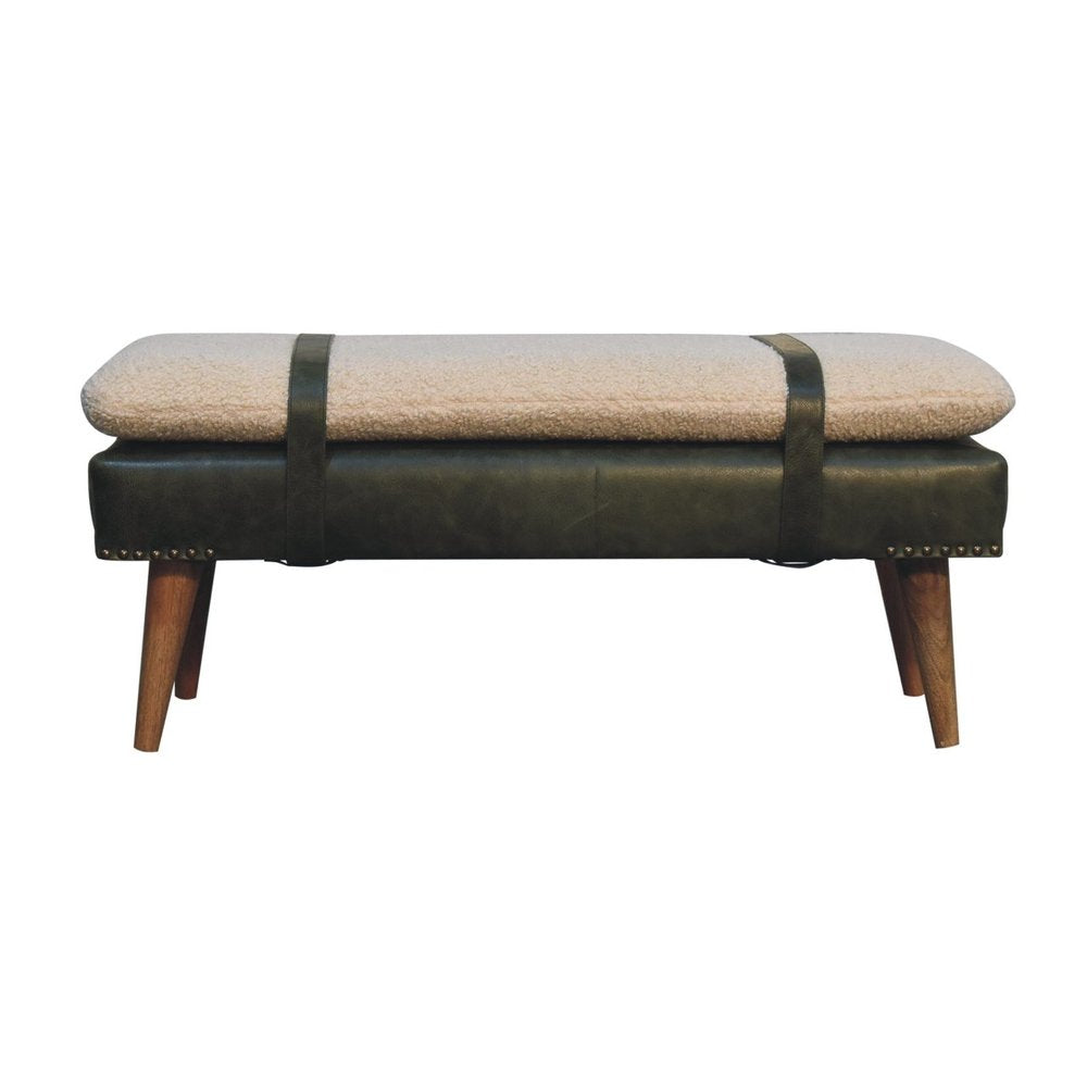 35" Beige Olive Green And Brown Boucle Genuine Leather And Solid Wood Upholstered Bench