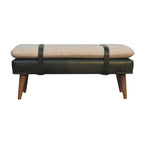 35" Beige Olive Green And Brown Boucle Genuine Leather And Solid Wood Upholstered Bench