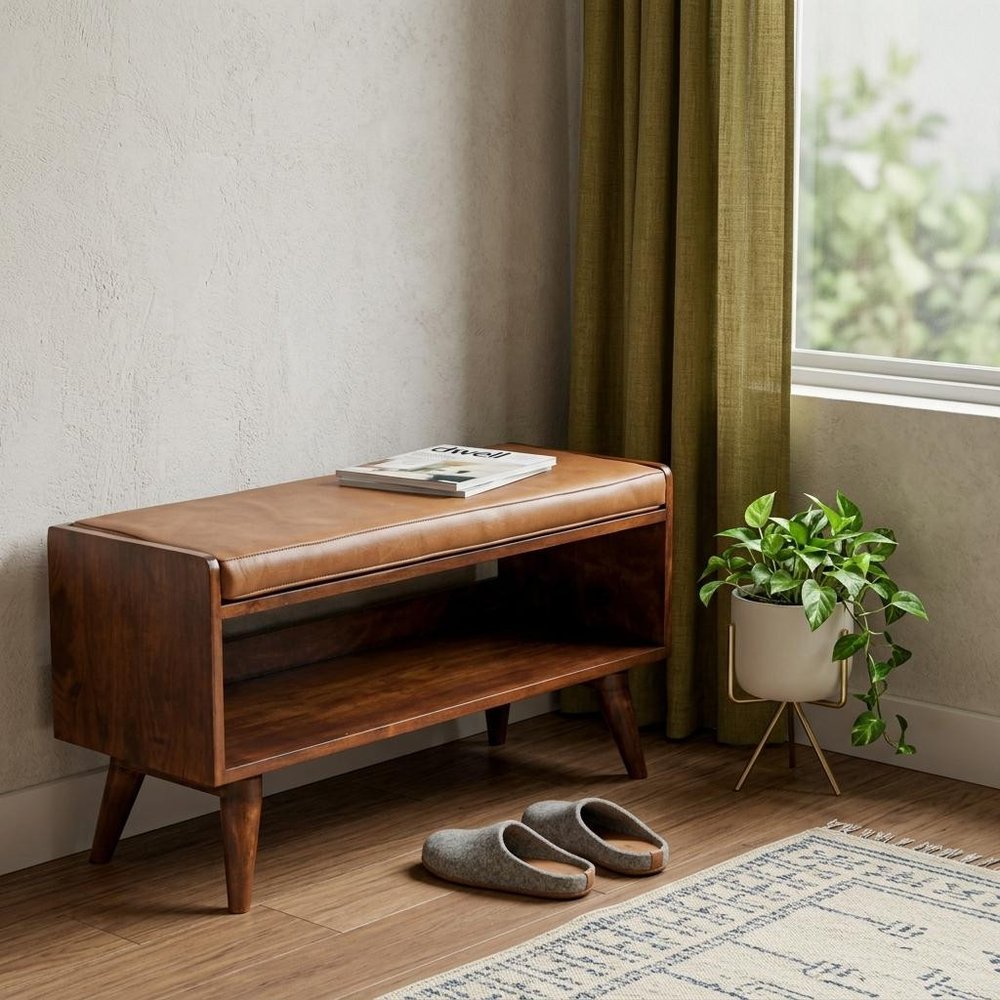 35" Brown and Chestnut Genuine Leather and Solid Wood Upholstered Storage Bench
