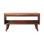 35" Brown and Chestnut Genuine Leather and Solid Wood Upholstered Storage Bench