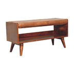 35" Brown and Chestnut Genuine Leather and Solid Wood Upholstered Storage Bench