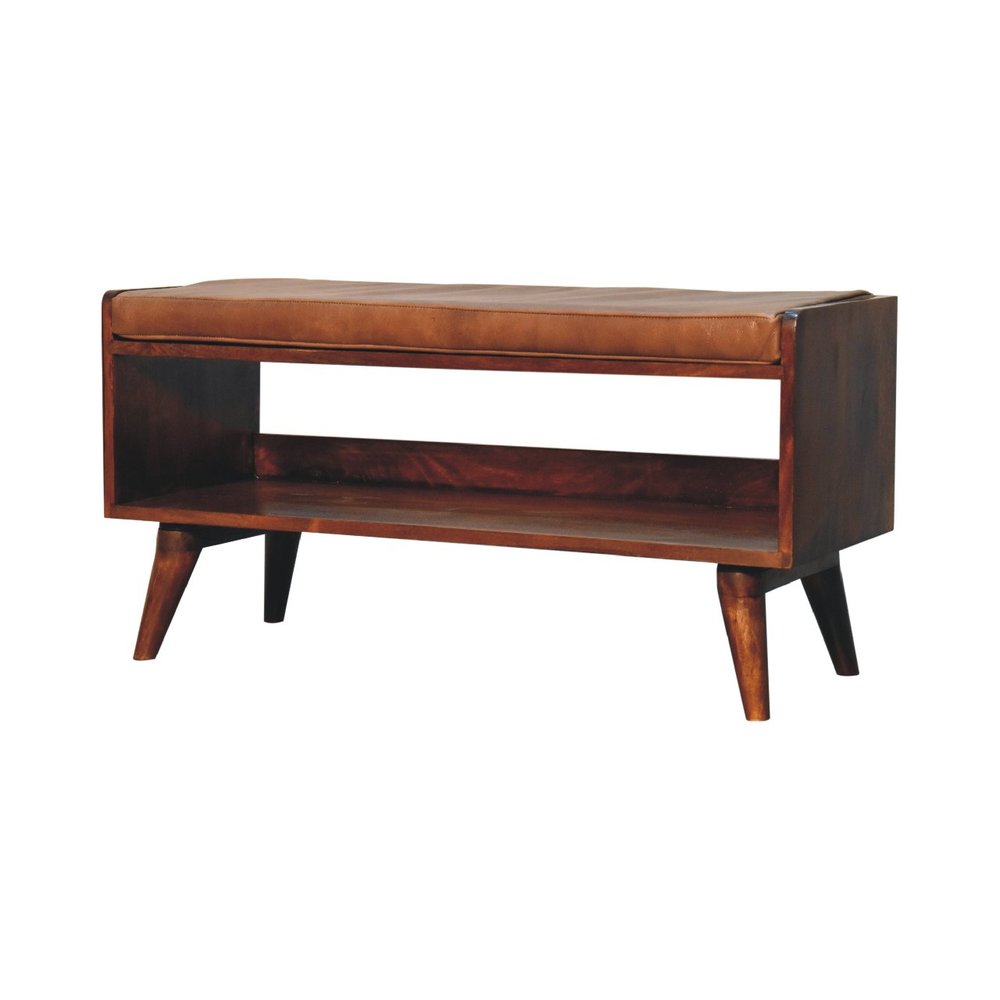 35" Brown and Chestnut Genuine Leather and Solid Wood Upholstered Storage Bench