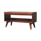 35" Brown and Chestnut Genuine Leather and Solid Wood Upholstered Storage Bench