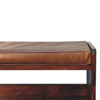 35" Brown and Chestnut Genuine Leather and Solid Wood Upholstered Storage Bench