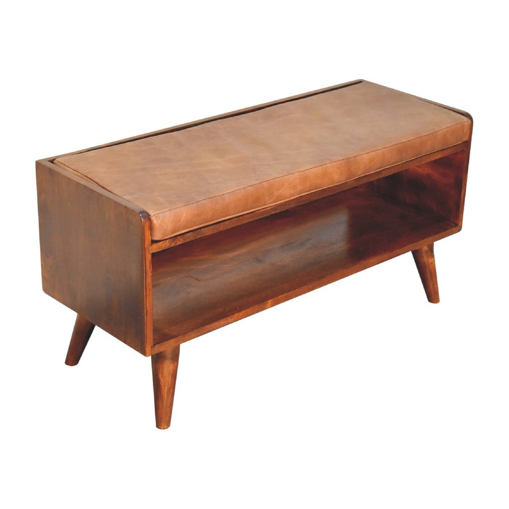 35" Brown and Chestnut Genuine Leather and Solid Wood Upholstered Storage Bench