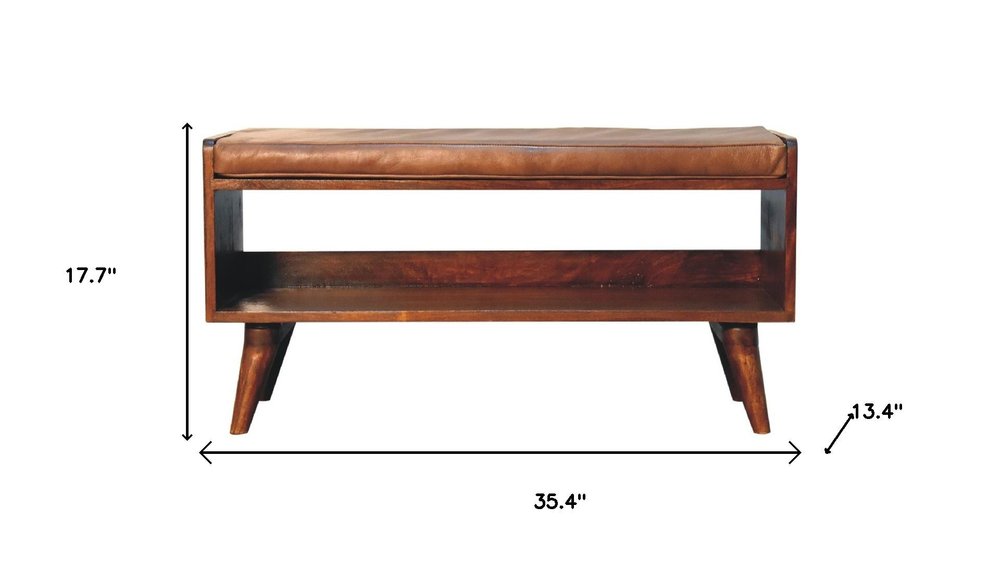 35" Brown and Chestnut Genuine Leather and Solid Wood Upholstered Storage Bench