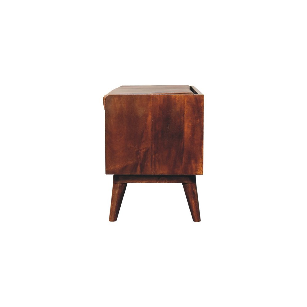 35" Brown and Chestnut Genuine Leather and Solid Wood Upholstered Storage Bench