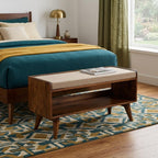 35" Beige and Brown Linen and Solid Wood Upholstered Storage Bench With Shoe Storage