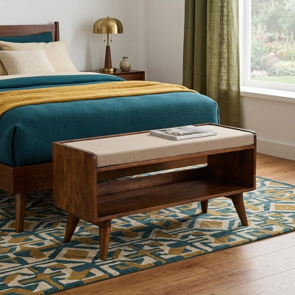 35" Beige and Brown Linen and Solid Wood Upholstered Storage Bench With Shoe Storage
